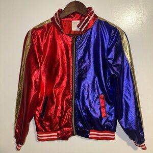 Harley Quinn Puddin Joker Satin Bomber Jacket Red Blue Gold Women’s Small